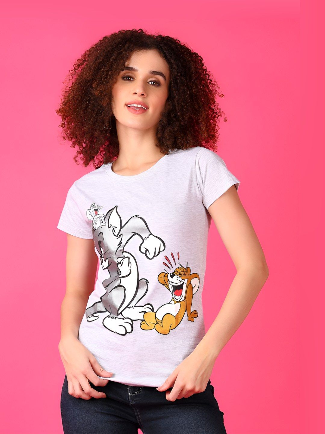 v mart women graphic printed round neck cotton tom & jerry t shirt
