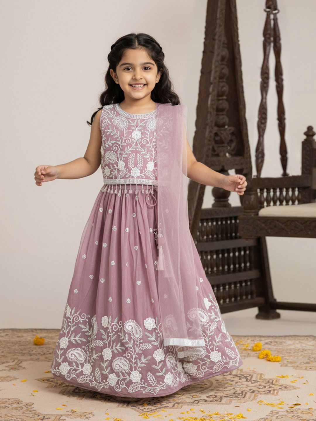 sangria girls floral embroidered lehenga & blouse with dupatta sangria girls floral embroidered lehenga & blouse with dupatta