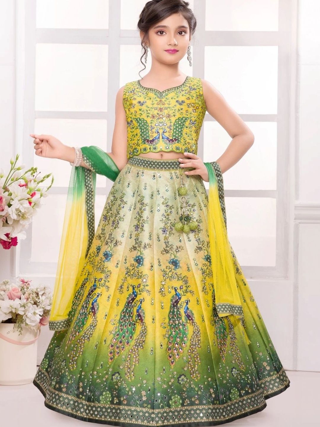 nkv girls printed sequinned semi stitched lehenga & blouse with dupatta nkv girls printed sequinned semi stitched lehenga & blouse with dupatta