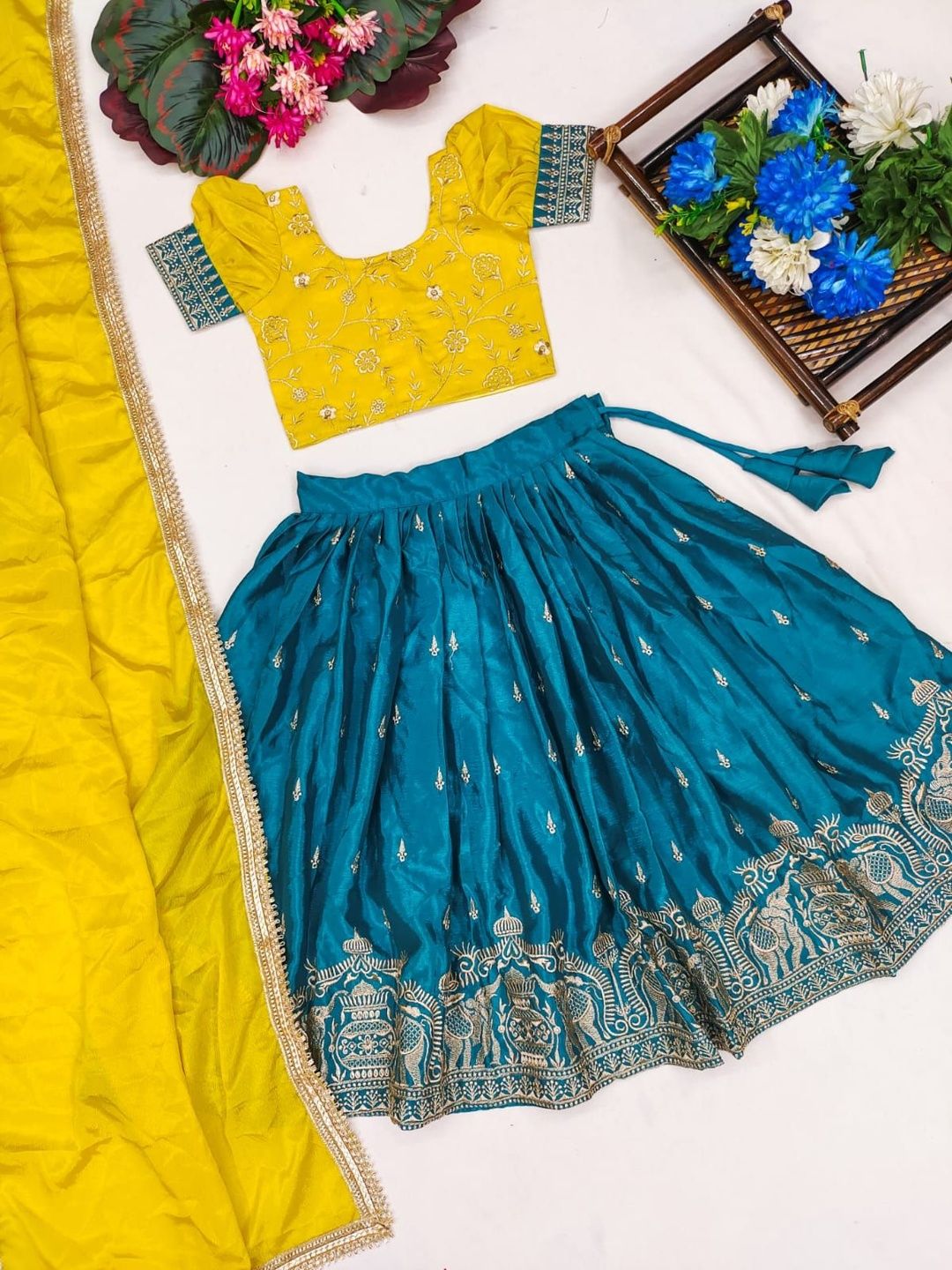 katrodiya enterprise girls embroidered thread work tie and dye semi stitched lehenga & blouse with dupatta katrodiya enterprise girls embroidered thread work tie and dye semi stitched lehenga & blouse with dupatta