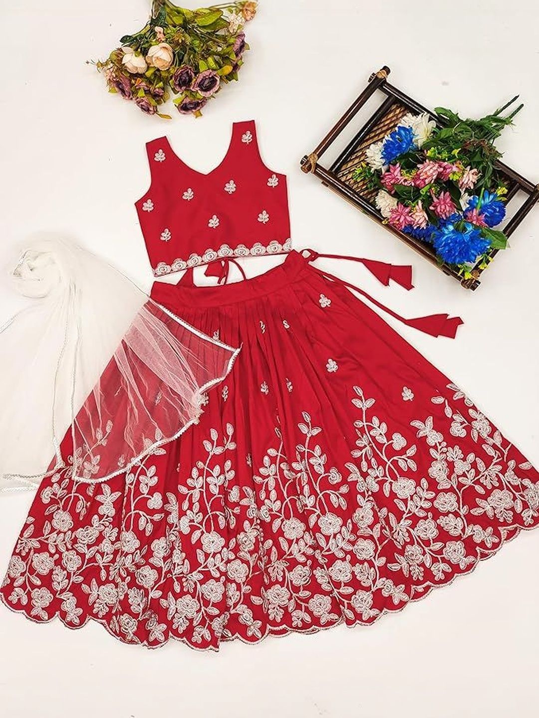 katrodiya enterprise girls embroidered thread work tie and dye semi stitched lehenga & blouse with dupatta katrodiya enterprise girls embroidered thread work tie and dye semi stitched lehenga & blouse with dupatta