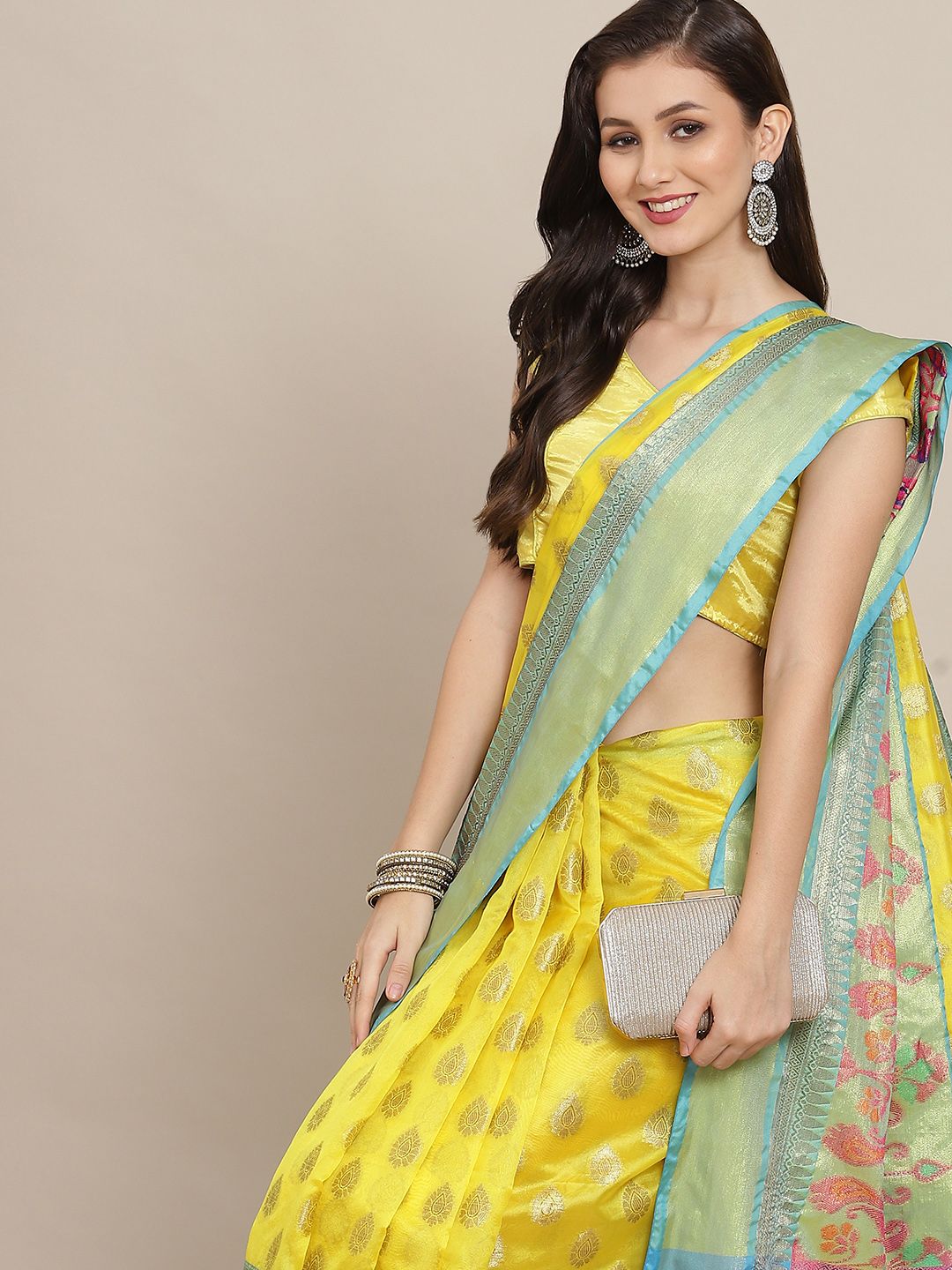 silk land yellow & turquoise blue ethnic motifs zari art silk banarasi saree silk land yellow & turquoise blue ethnic motifs zari art silk banarasi saree