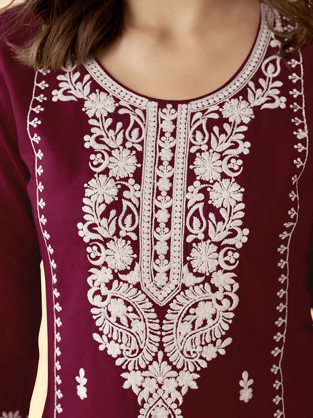 anouk maroon ethnic motifs embroidered round neck thread work straight kurta anouk maroon ethnic motifs embroidered round neck thread work straight kurta