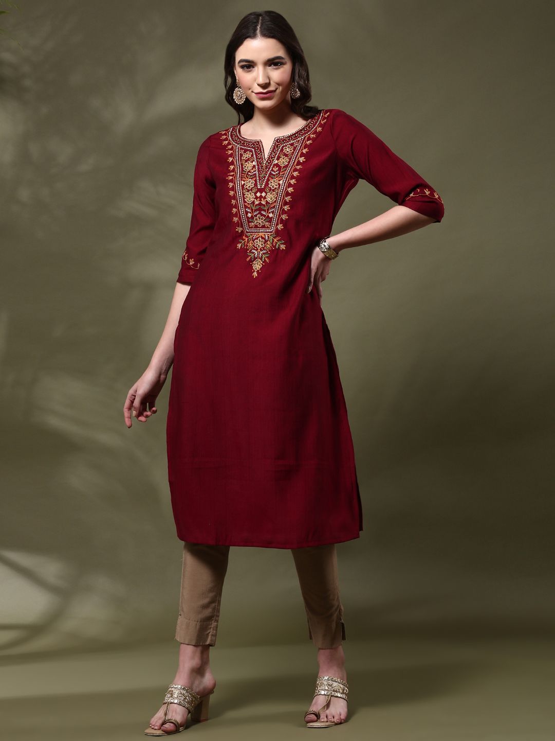 anouk women floral embroidered flared sleeves thread work kurta anouk women floral embroidered flared sleeves thread work kurta