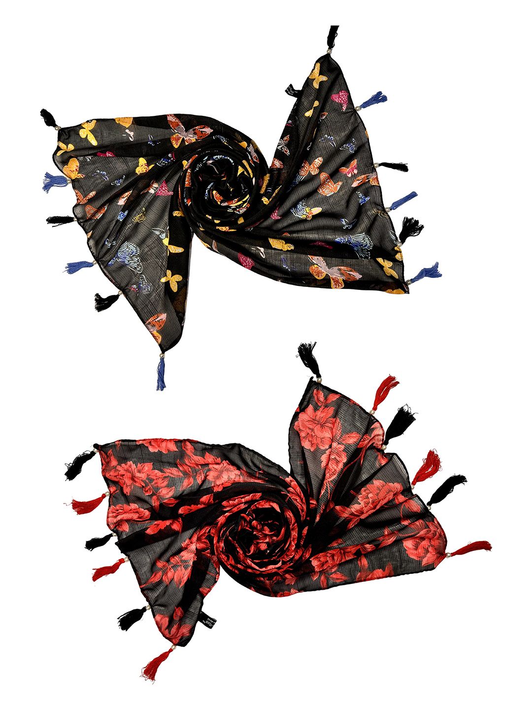 poshampaa be desi women set of 2 floral printed scarfs with tasselled border poshampaa be desi women set of 2 floral printed scarfs with tasselled border