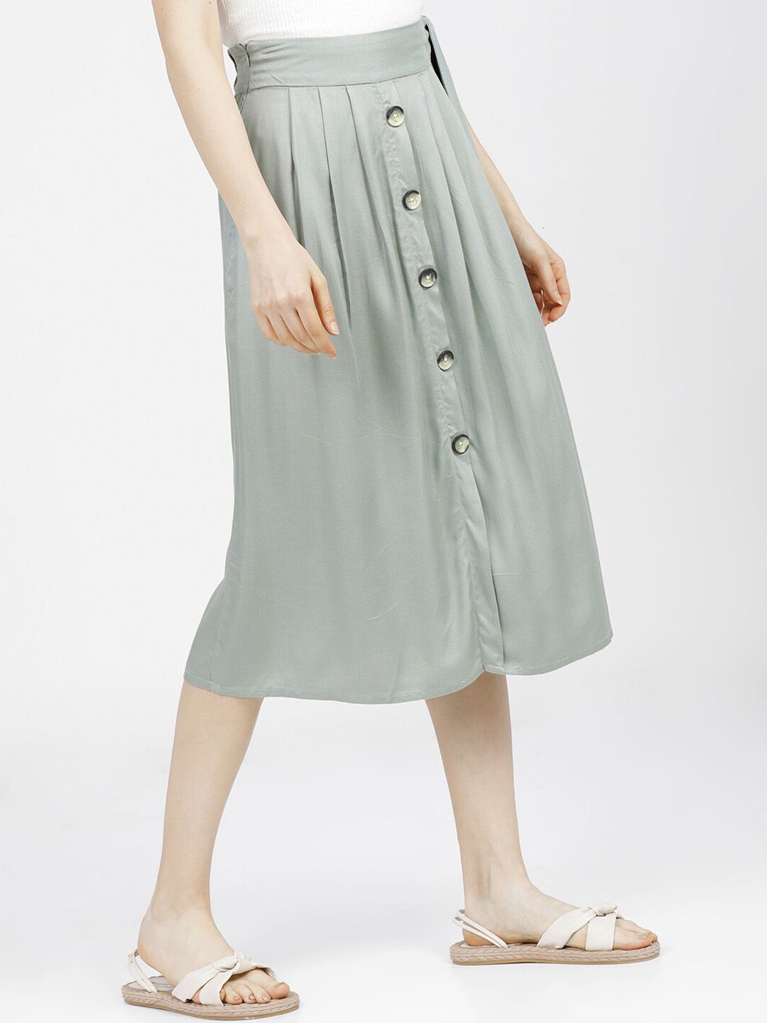 tokyo talkies women green solid midi length a line skirt