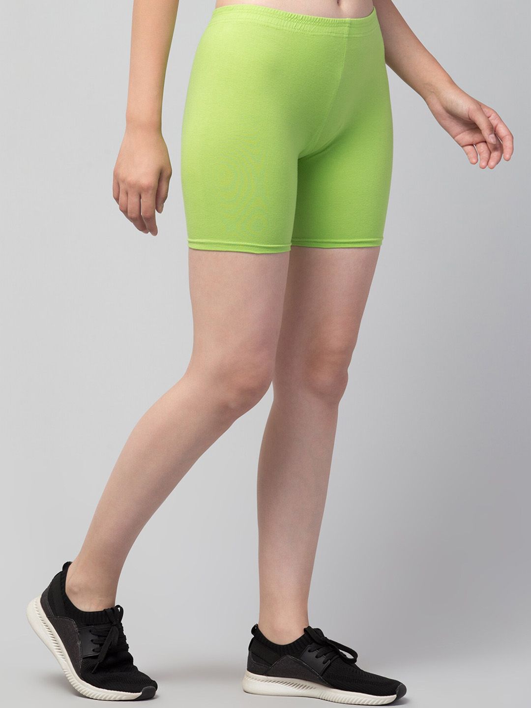 apraa & parma women lime green solid cotton skinny fit cycling sports shorts