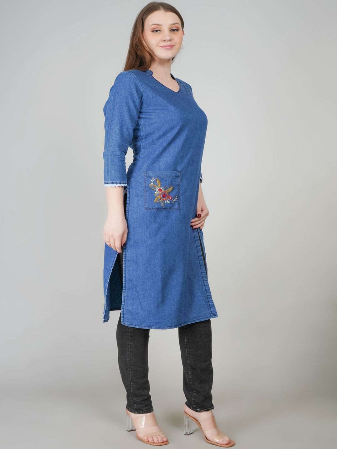 vg5 women ethnic motifs embroidered v neck thread work denim straight kurti vg5 women ethnic motifs embroidered v neck thread work denim straight kurti