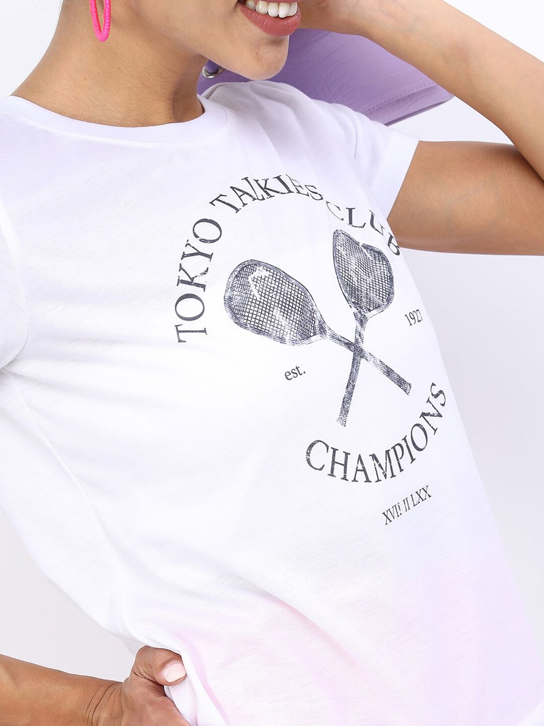 tokyo talkies women white typography printed slim fit t shirt