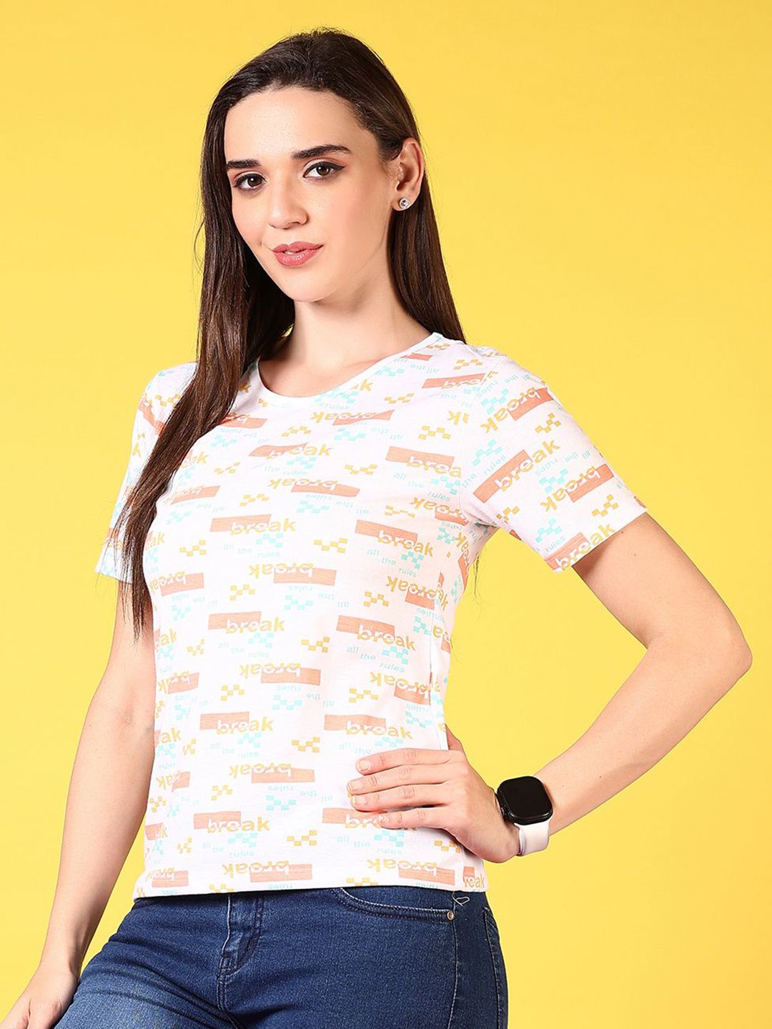 v mart women conversational printed round neck cotton t shirt