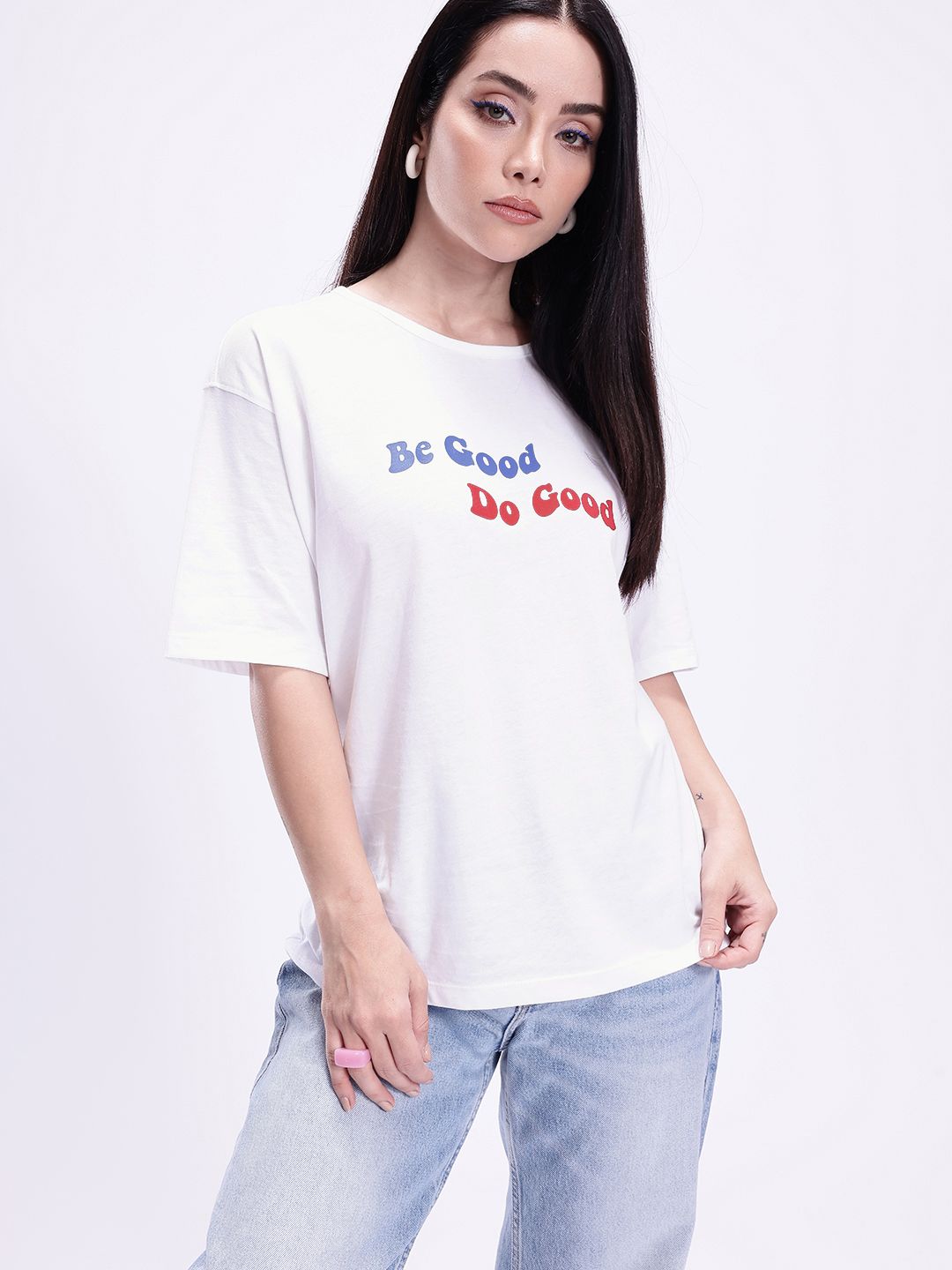 kook n keech women typography printed drop shoulder sleeves oversized pure cotton t shirt