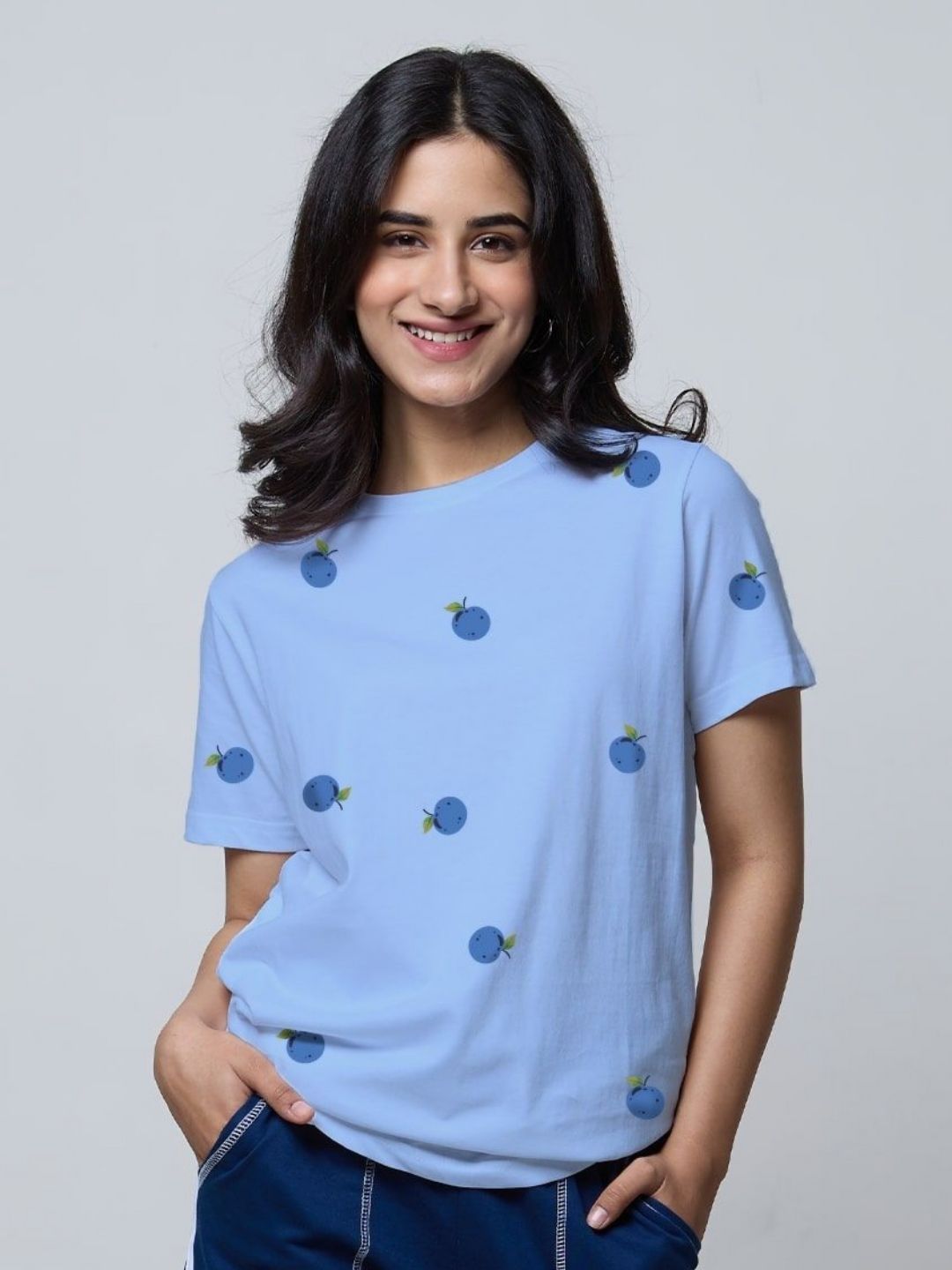 dky women printed round neck extended sleeves pockets t shirt