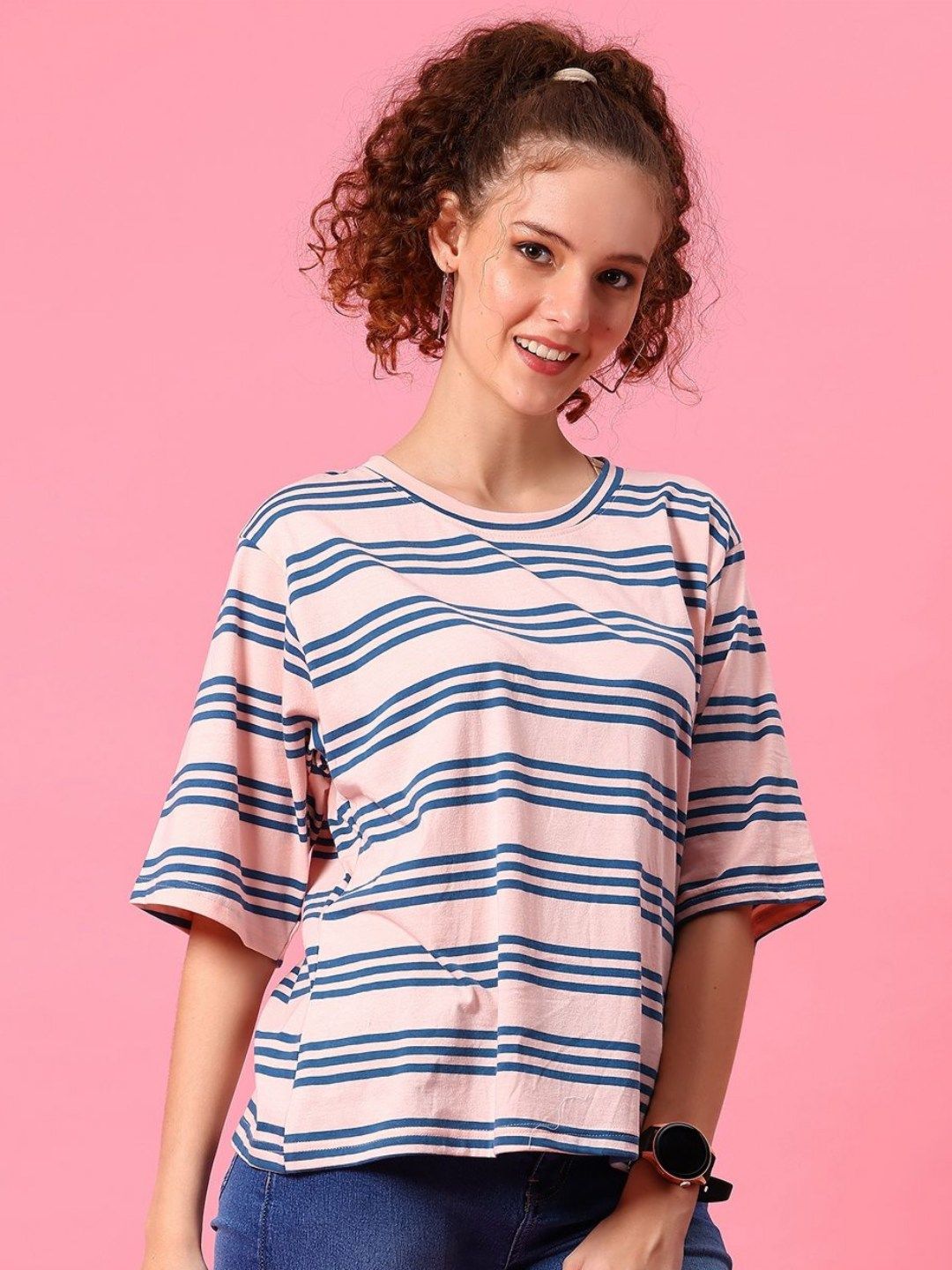 v mart striped round neck drop shoulder sleeves regular fit t shirt