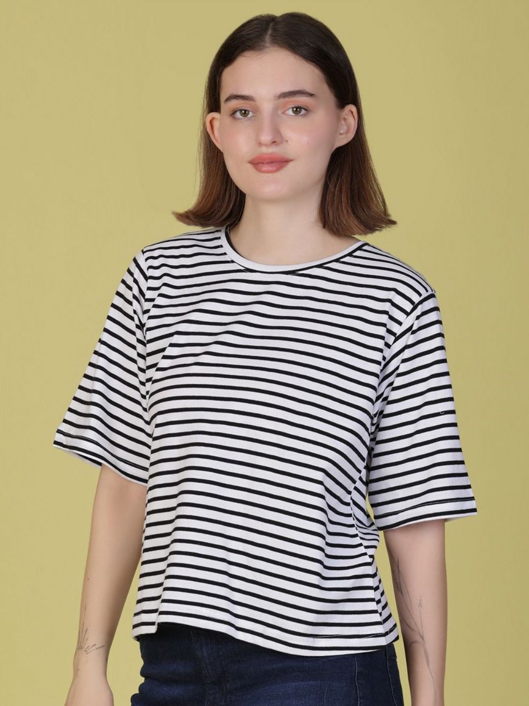v mart striped round neck drop shoulder sleeves cotton t shirt