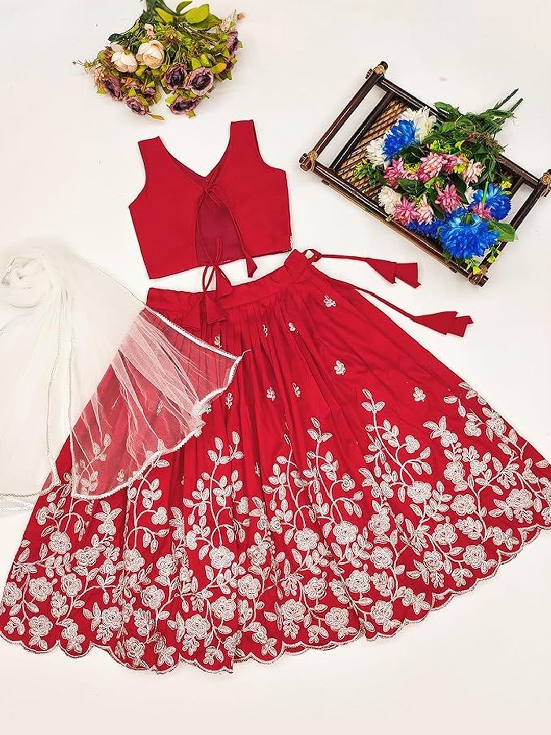 katrodiya enterprise girls embroidered thread work tie and dye semi stitched lehenga & blouse with dupatta katrodiya enterprise girls embroidered thread work tie and dye semi stitched lehenga & blouse with dupatta