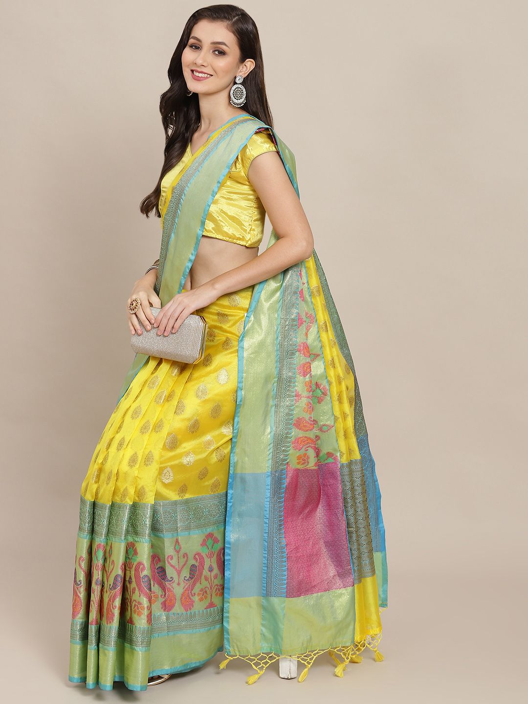 silk land yellow & turquoise blue ethnic motifs zari art silk banarasi saree silk land yellow & turquoise blue ethnic motifs zari art silk banarasi saree
