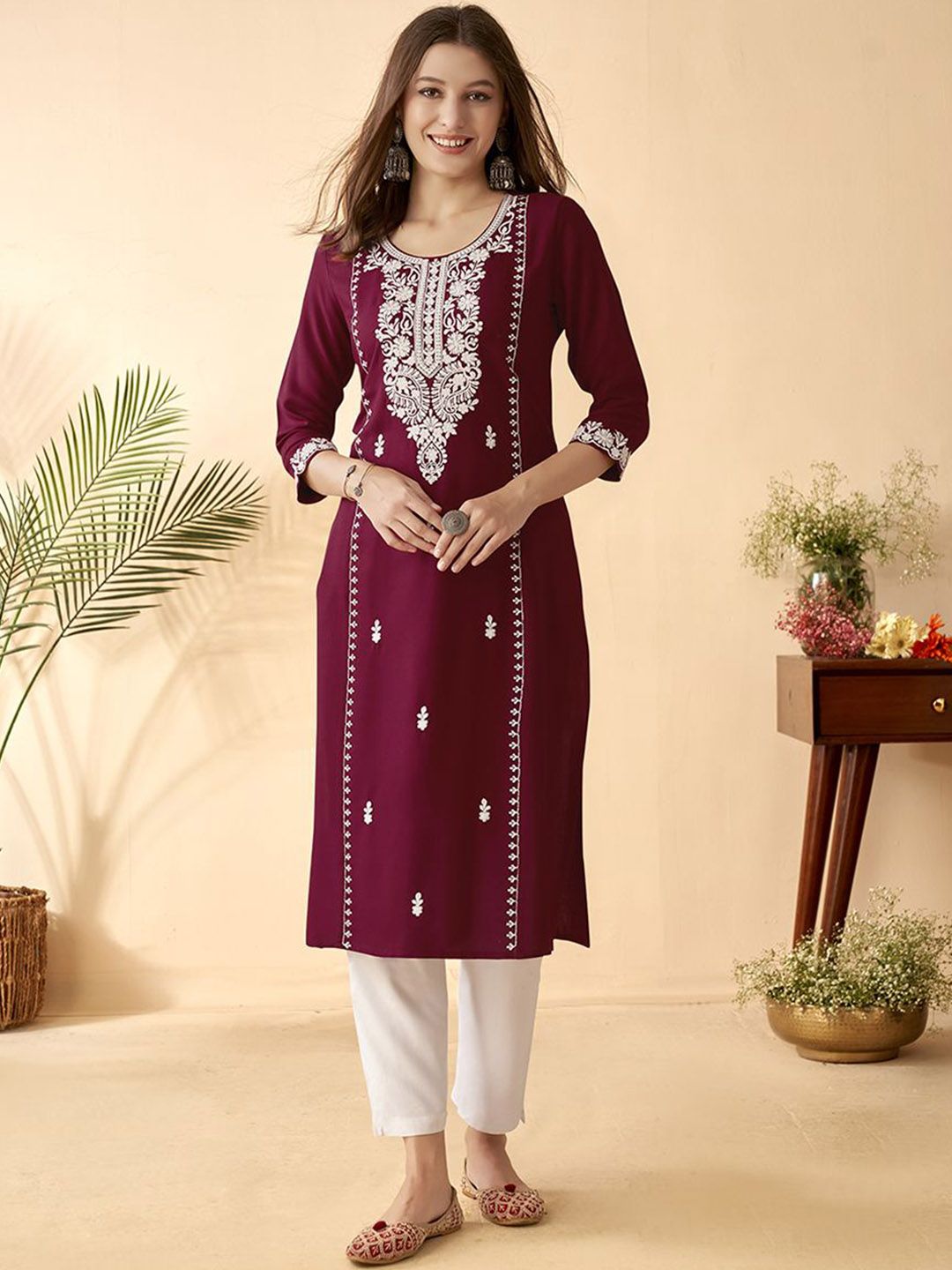 anouk maroon ethnic motifs embroidered round neck thread work straight kurta anouk maroon ethnic motifs embroidered round neck thread work straight kurta