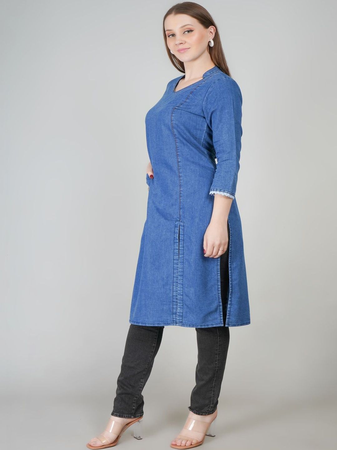 vg5 women ethnic motifs embroidered v neck thread work denim straight kurti vg5 women ethnic motifs embroidered v neck thread work denim straight kurti