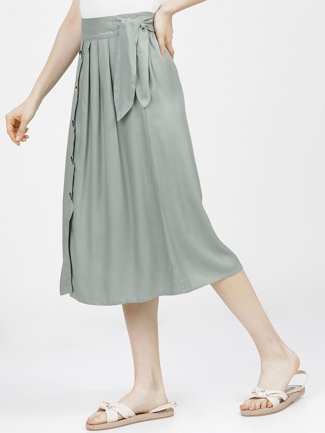 tokyo talkies women green solid midi length a line skirt