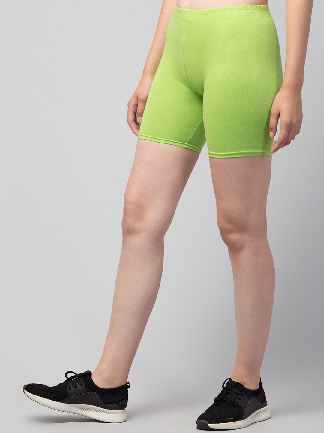 apraa & parma women lime green solid cotton skinny fit cycling sports shorts