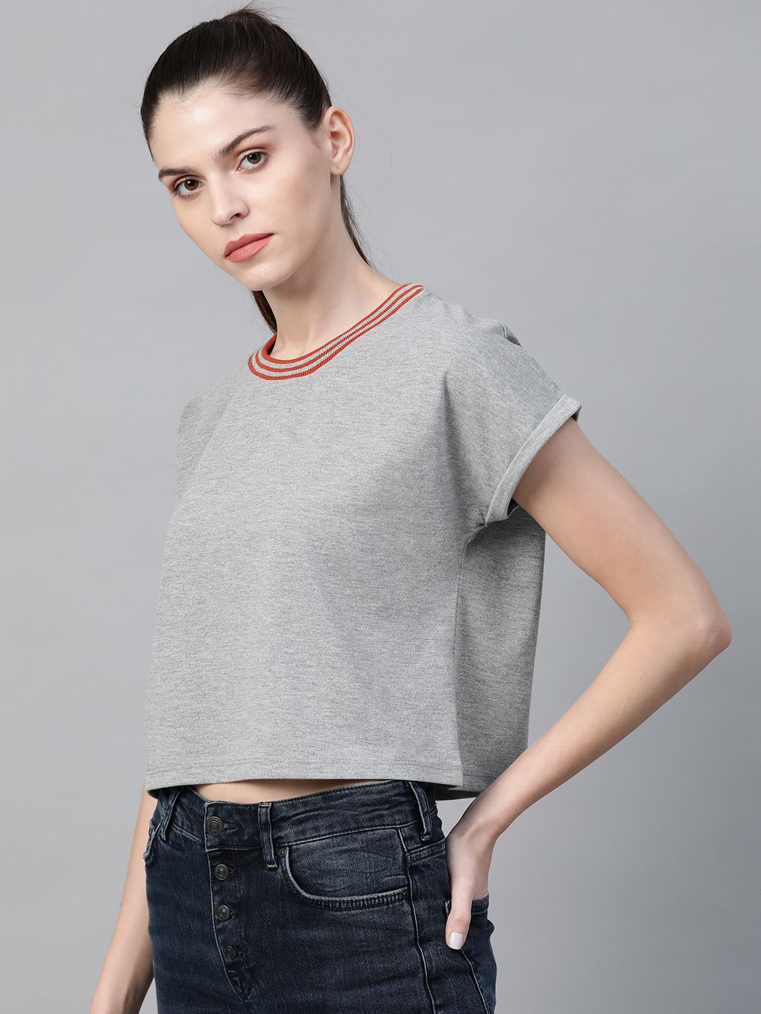 roadster women grey melange solid round neck crop pure cotton t shirt
