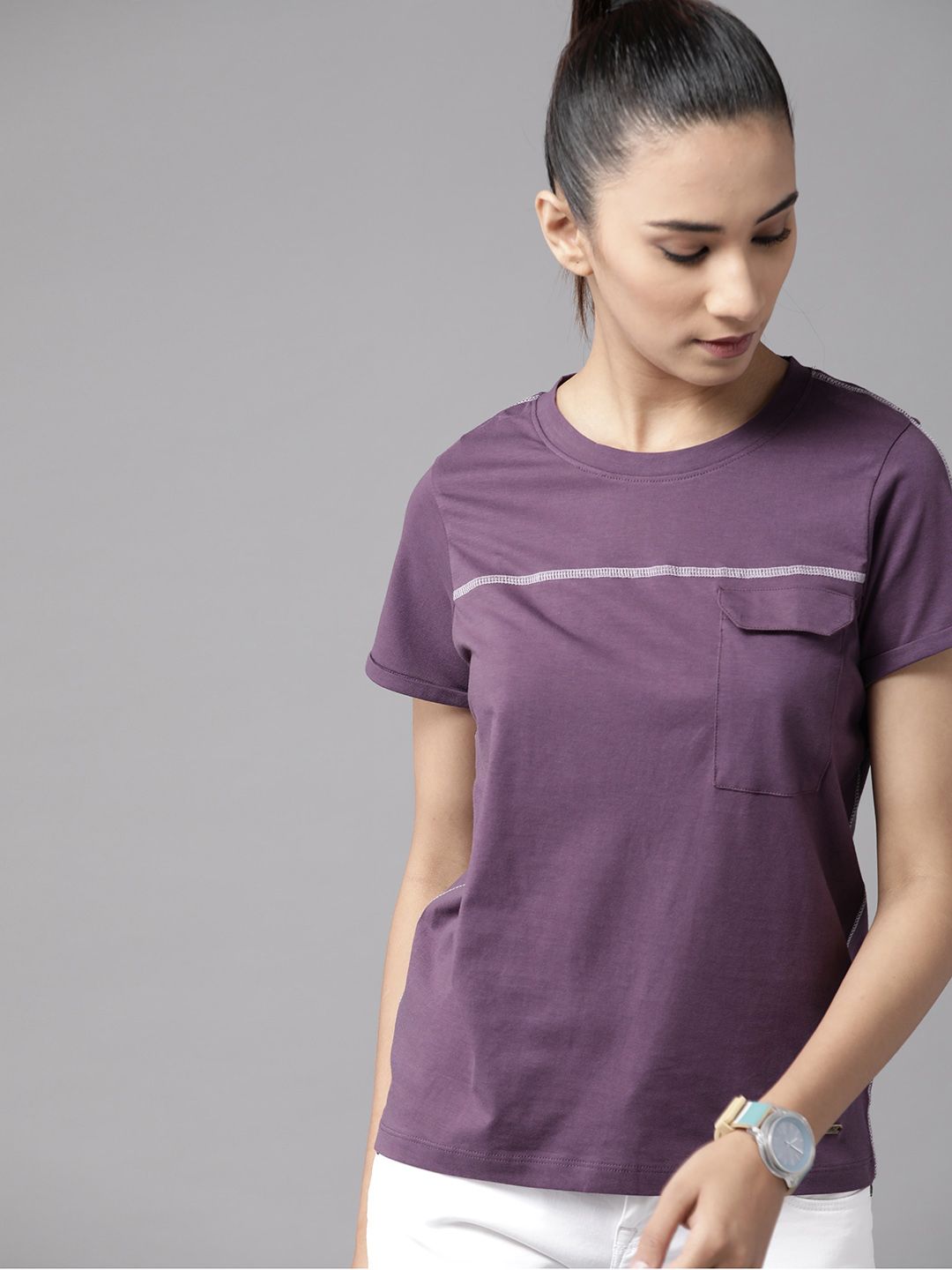 roadster women purple solid round neck pure cotton t shirt