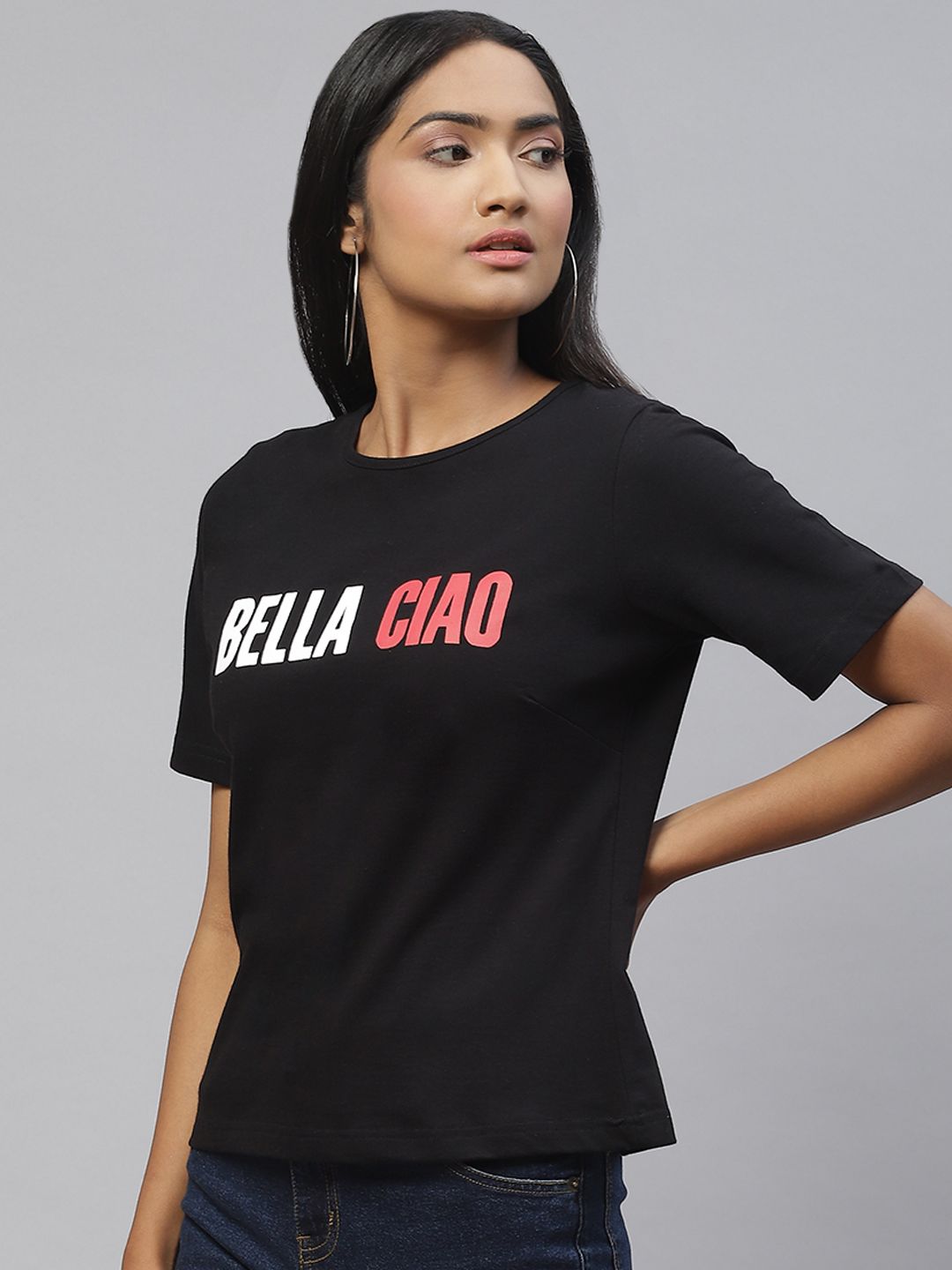 pluss women black & white bella ciao money heist song print cotton t shirt