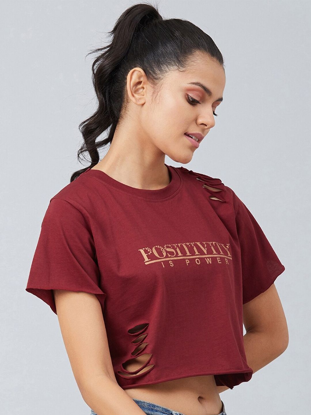 chimpaaanzee women maroon typography print 100% cotton crop t shirt