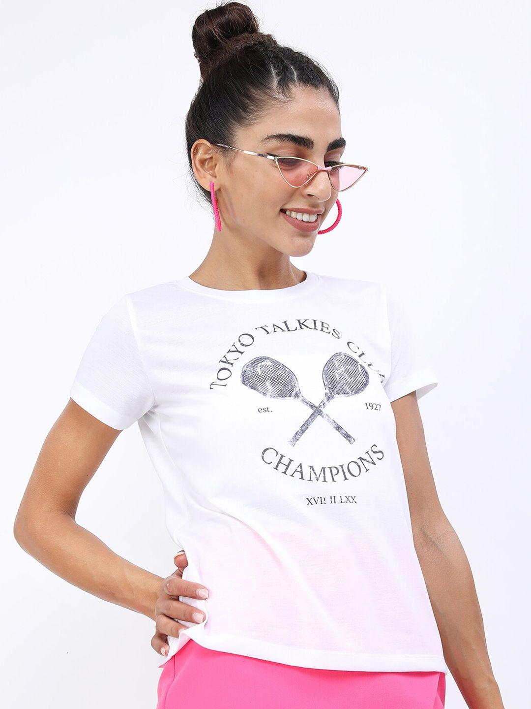 tokyo talkies women white typography printed slim fit t shirt