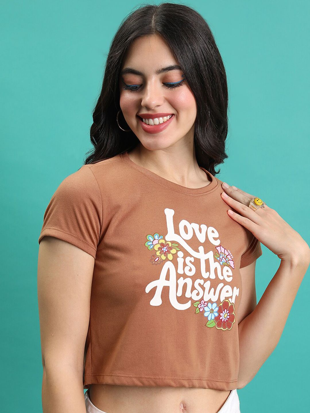 tokyo talkies brown typography printed crop t shirt