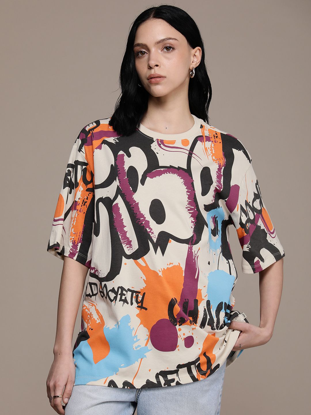 the roadster life co. printed drop shoulder sleeves pure cotton oversized t shirt