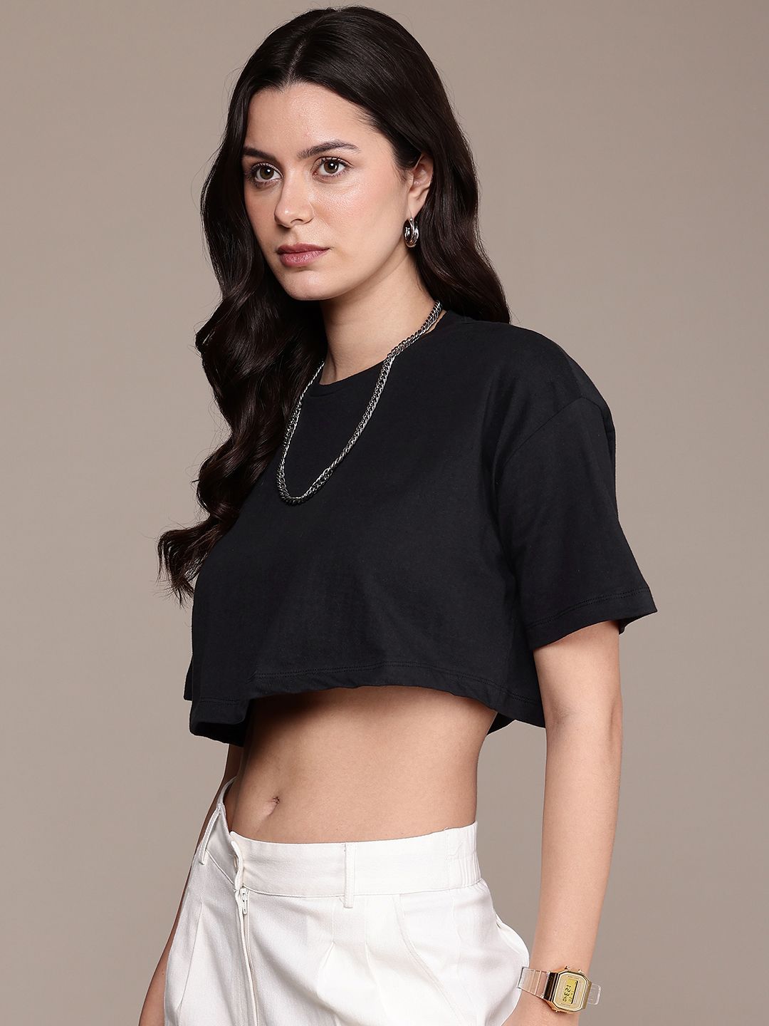 the roadster life co. drop shoulder sleeves pure cotton boxy crop t shirt