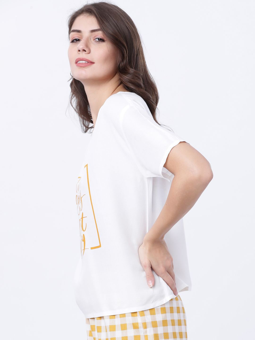 tokyo talkies women typography printed drop shoulder sleeves t shirt