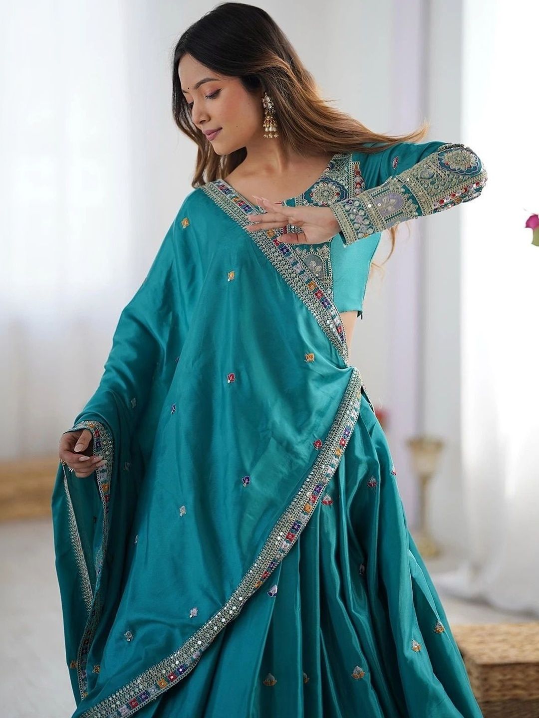 reelove factory embroidered mirror work semi stitched lehenga & blouse with dupatta reelove factory embroidered mirror work semi stitched lehenga & blouse with dupatta