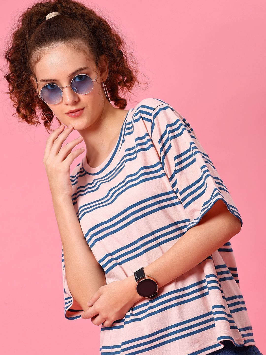 v mart striped round neck drop shoulder sleeves regular fit t shirt