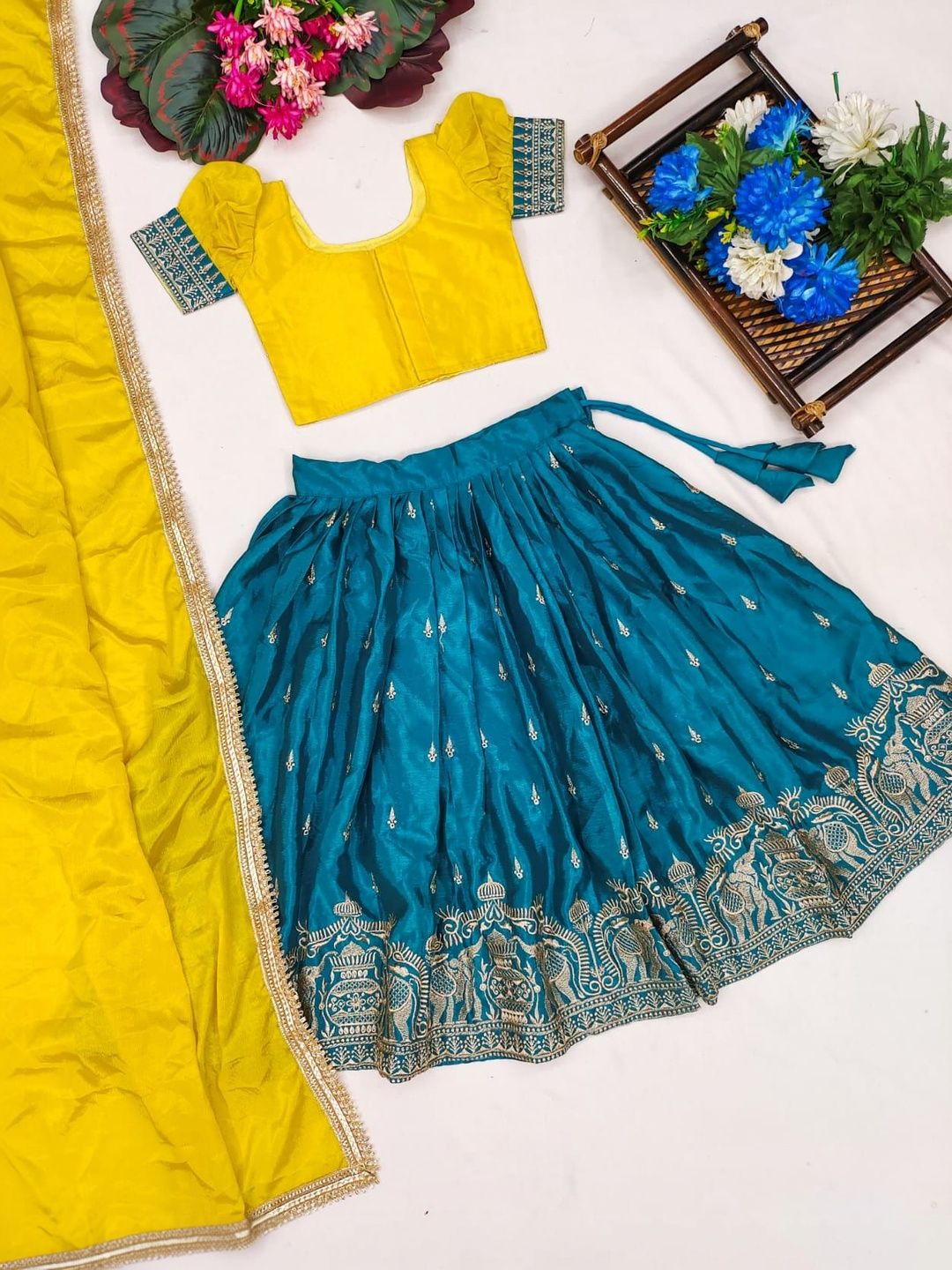 katrodiya enterprise girls embroidered thread work tie and dye semi stitched lehenga & blouse with dupatta katrodiya enterprise girls embroidered thread work tie and dye semi stitched lehenga & blouse with dupatta
