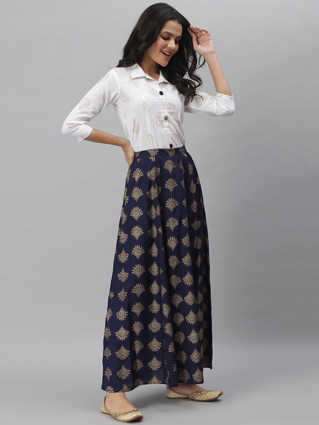 stylum women off white & navy blue printed shirt with skirt stylum women off white & navy blue printed shirt with skirt