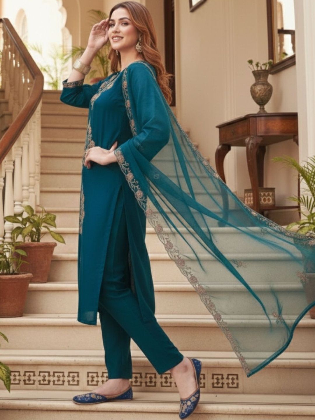 kalini women ethnic motifs embroidered regular thread work kurta with trousers & with dupatta kalini women ethnic motifs embroidered regular thread work kurta with trousers & with dupatta