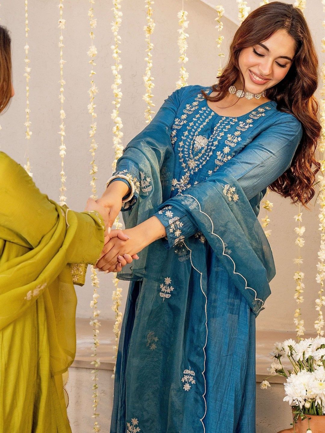 keitra women ethnic motifs embroidered thread work pure silk kurta with trousers & dupatta keitra women ethnic motifs embroidered thread work pure silk kurta with trousers & dupatta
