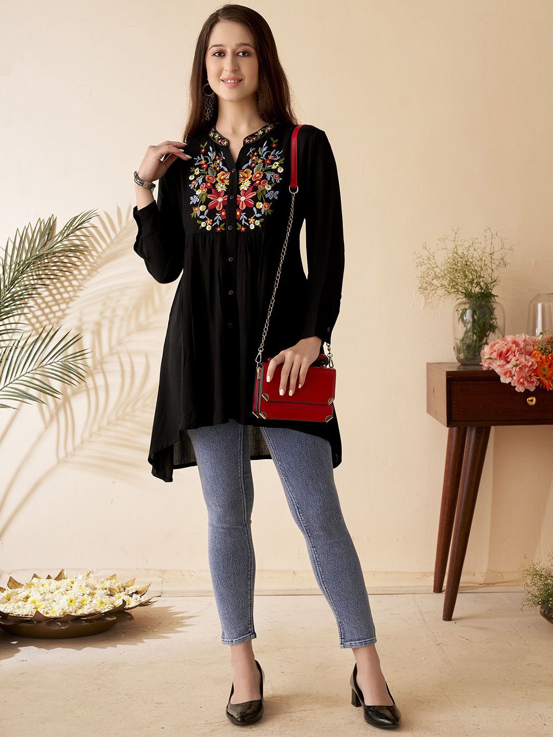anouk floral embroidered mandarin collar thread work short kurti anouk floral embroidered mandarin collar thread work short kurti