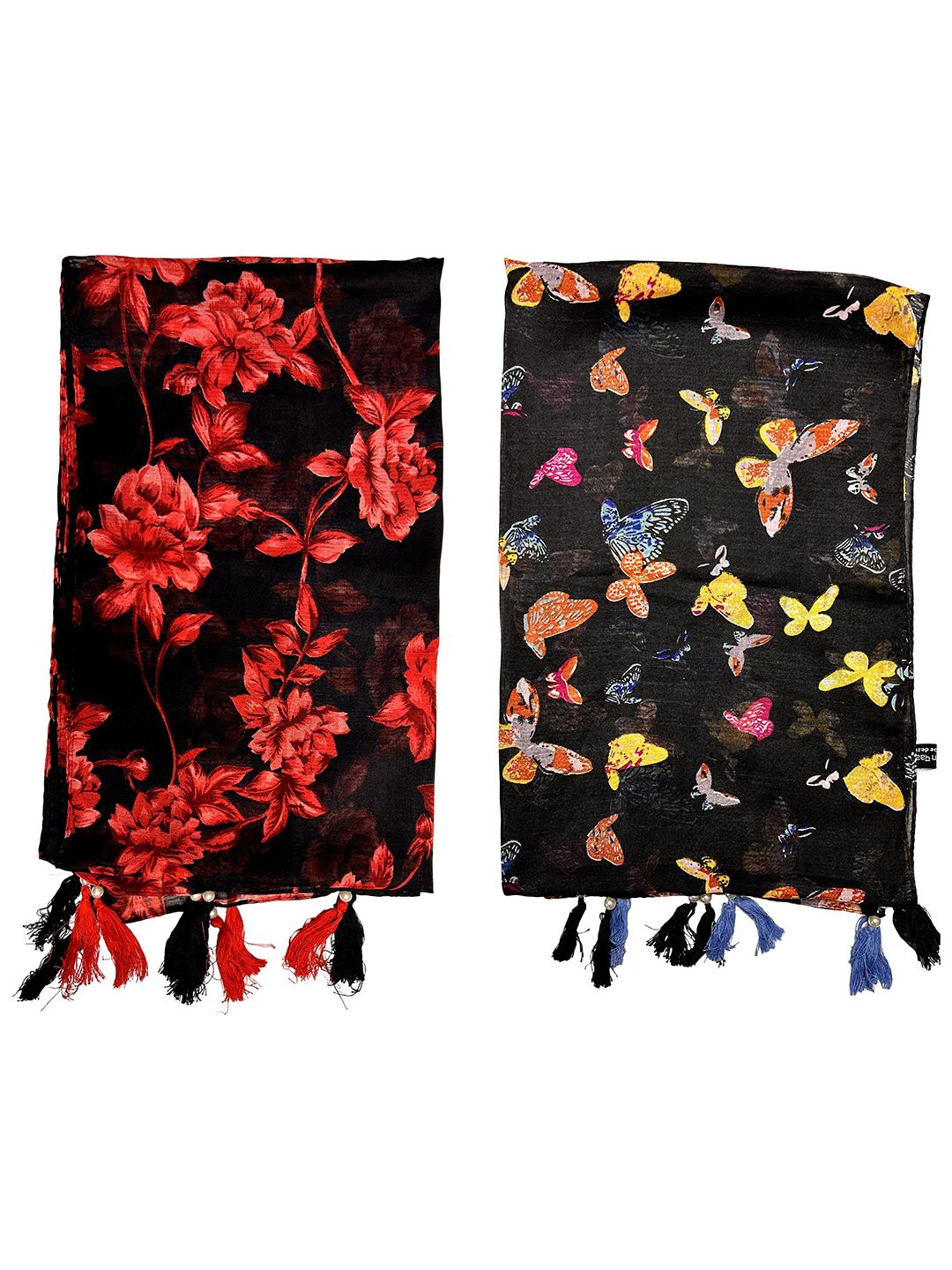 poshampaa be desi women set of 2 floral printed scarfs with tasselled border poshampaa be desi women set of 2 floral printed scarfs with tasselled border