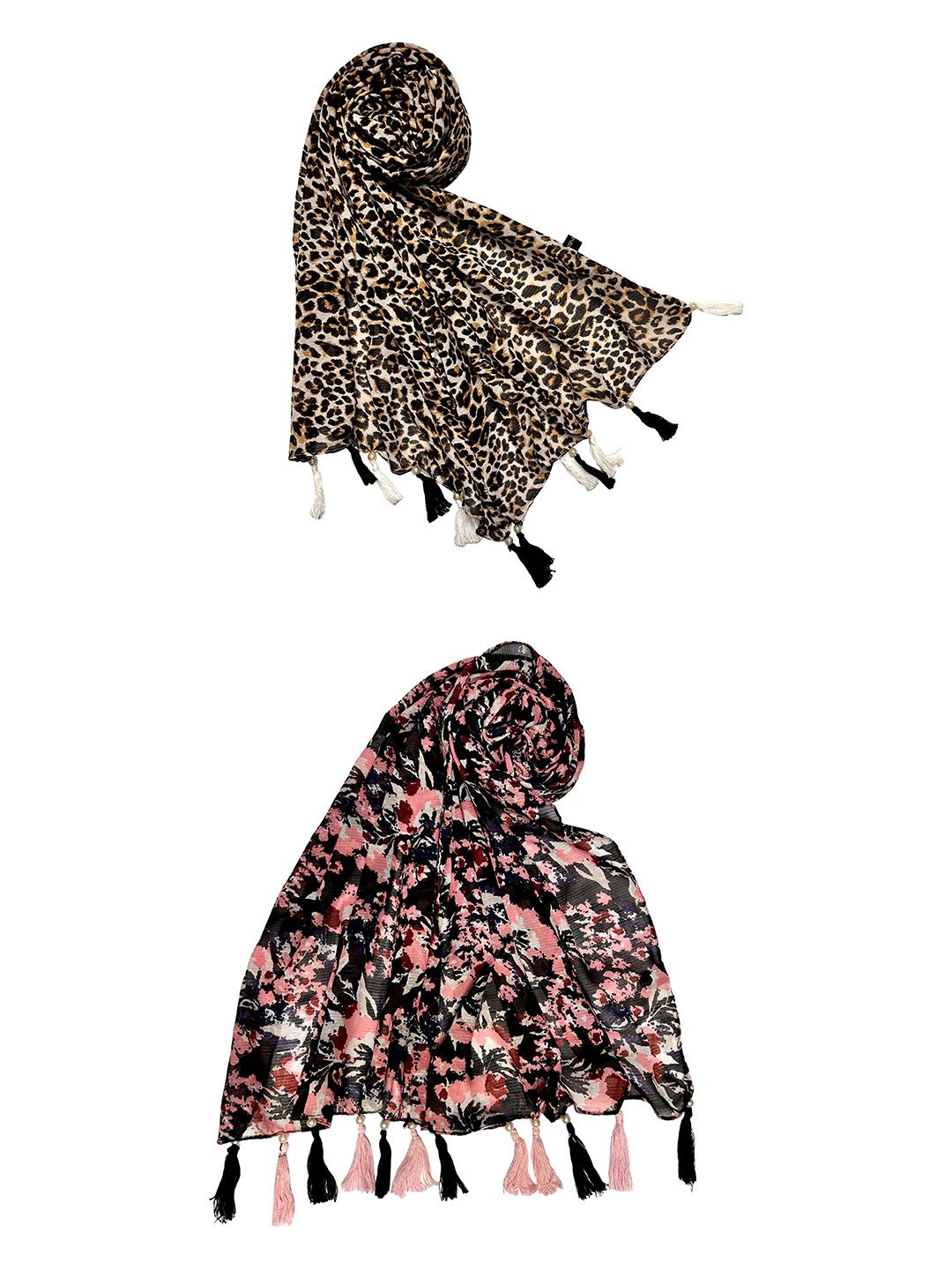 poshampaa be desi women set of 2 animal printed scarfs with tasselled border poshampaa be desi women set of 2 animal printed scarfs with tasselled border
