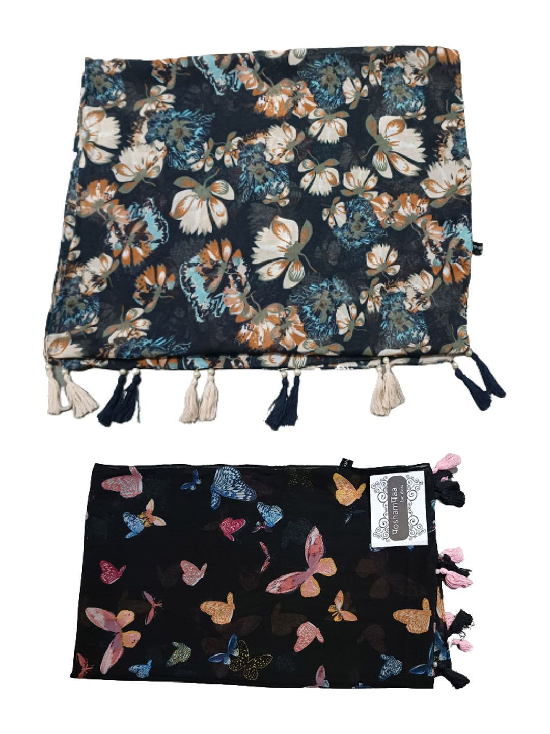 poshampaa be desi women set of 2 printed scarf with tasselled border poshampaa be desi women set of 2 printed scarf with tasselled border