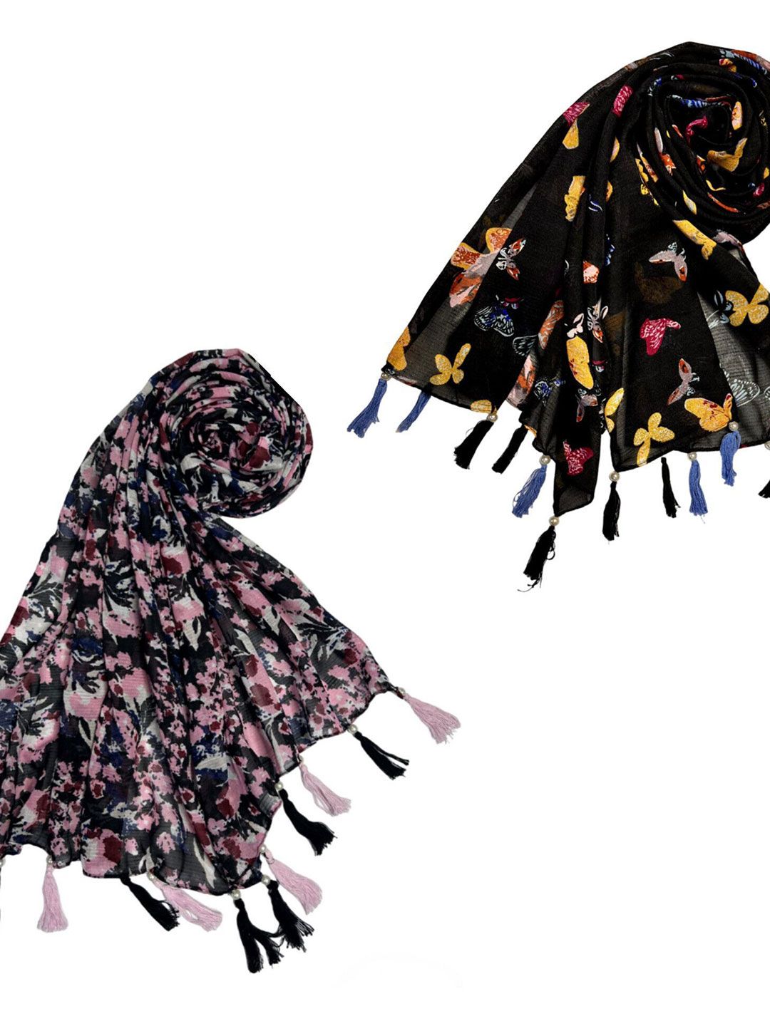 poshampaa be desi women pack of 2 printed scarf with tassells poshampaa be desi women pack of 2 printed scarf with tassells
