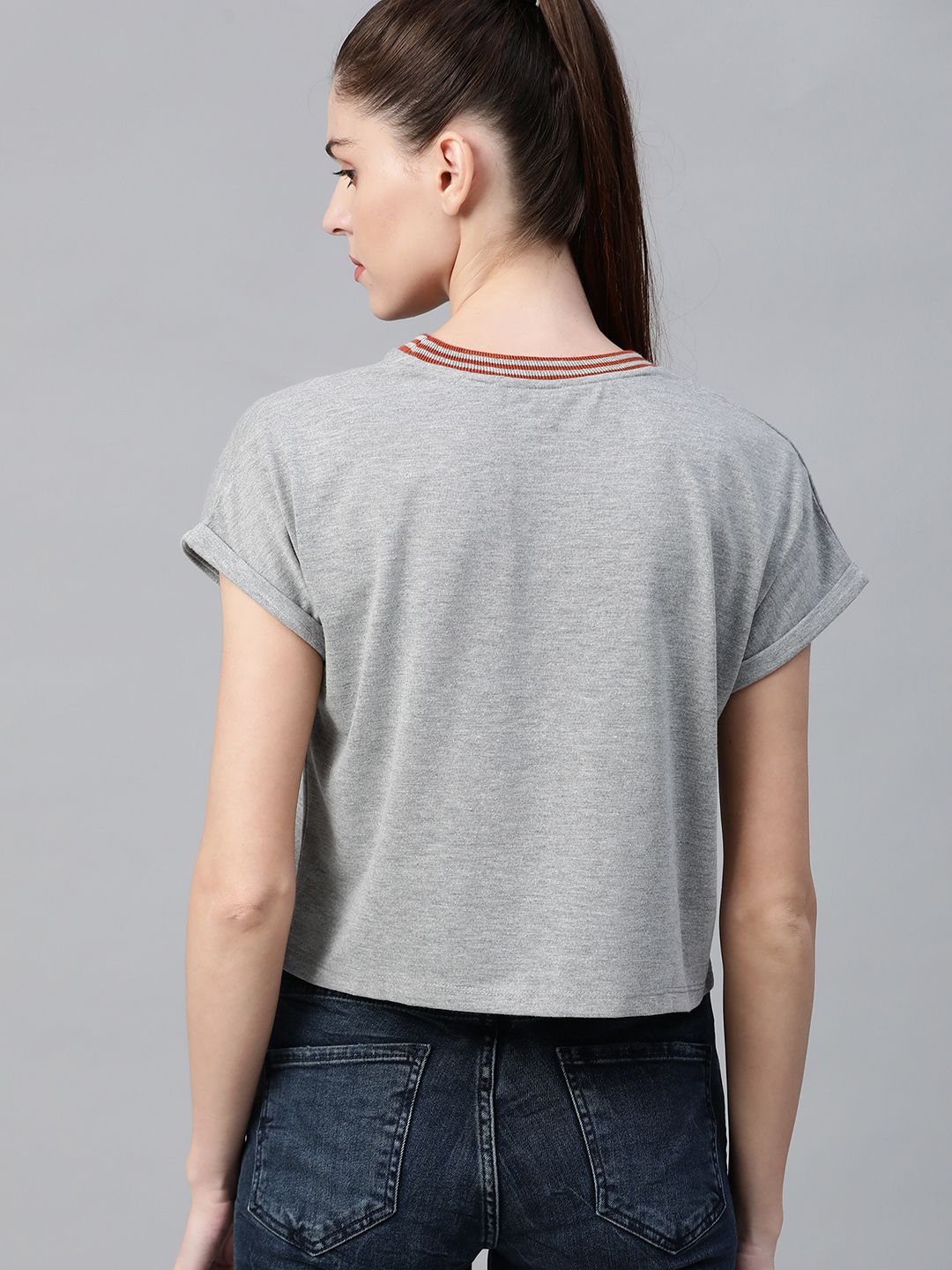 roadster women grey melange solid round neck crop pure cotton t shirt