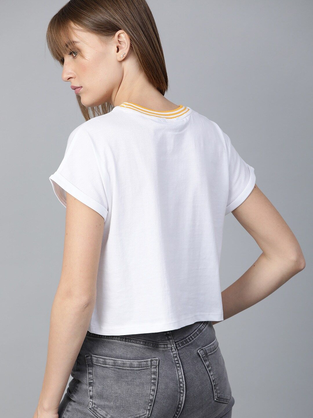 roadster women white boxy fit solid round neck crop t shirt