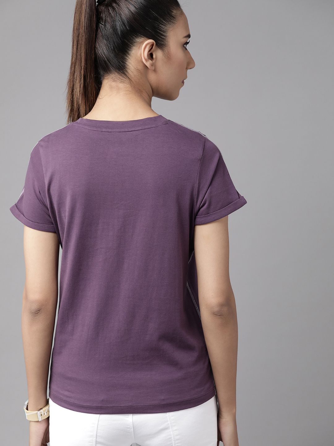 roadster women purple solid round neck pure cotton t shirt