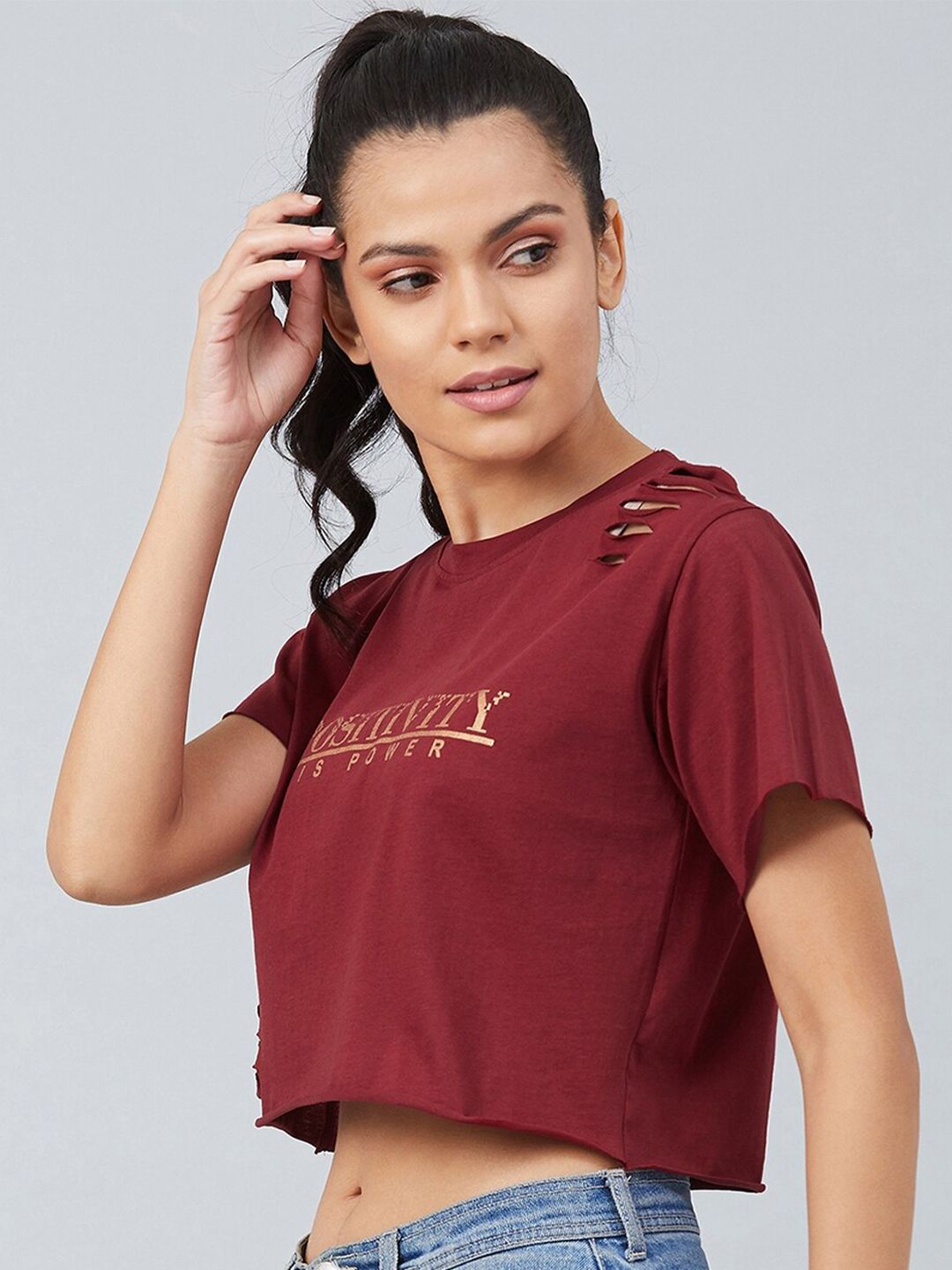 chimpaaanzee women maroon typography print 100% cotton crop t shirt