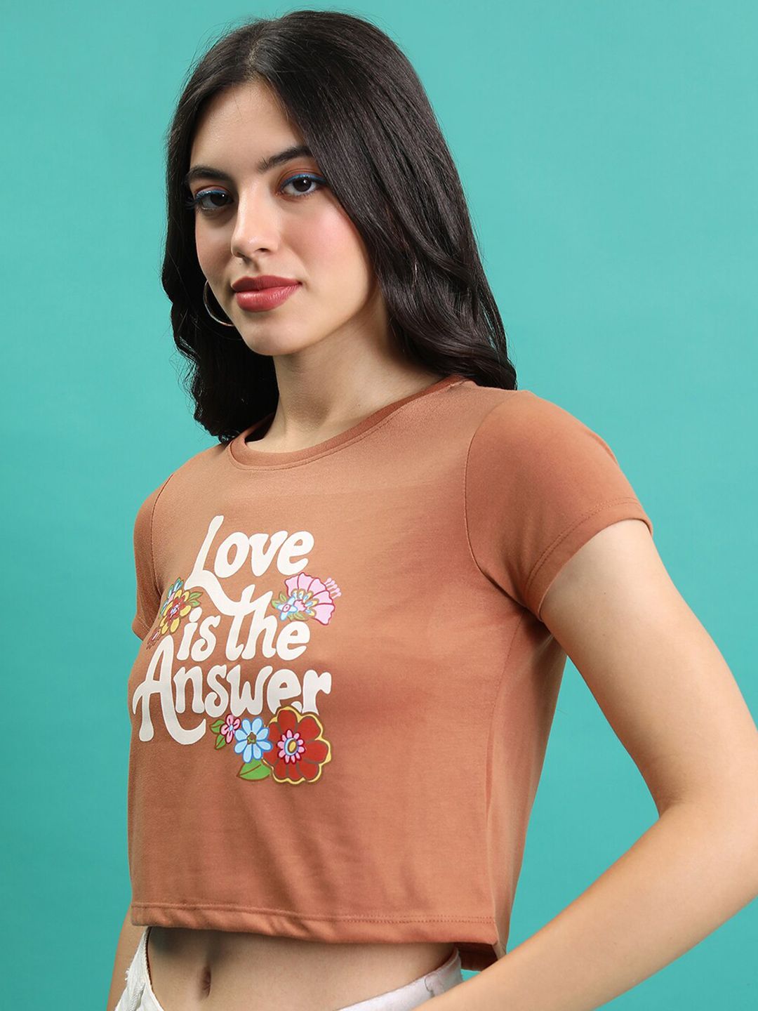 tokyo talkies brown typography printed crop t shirt