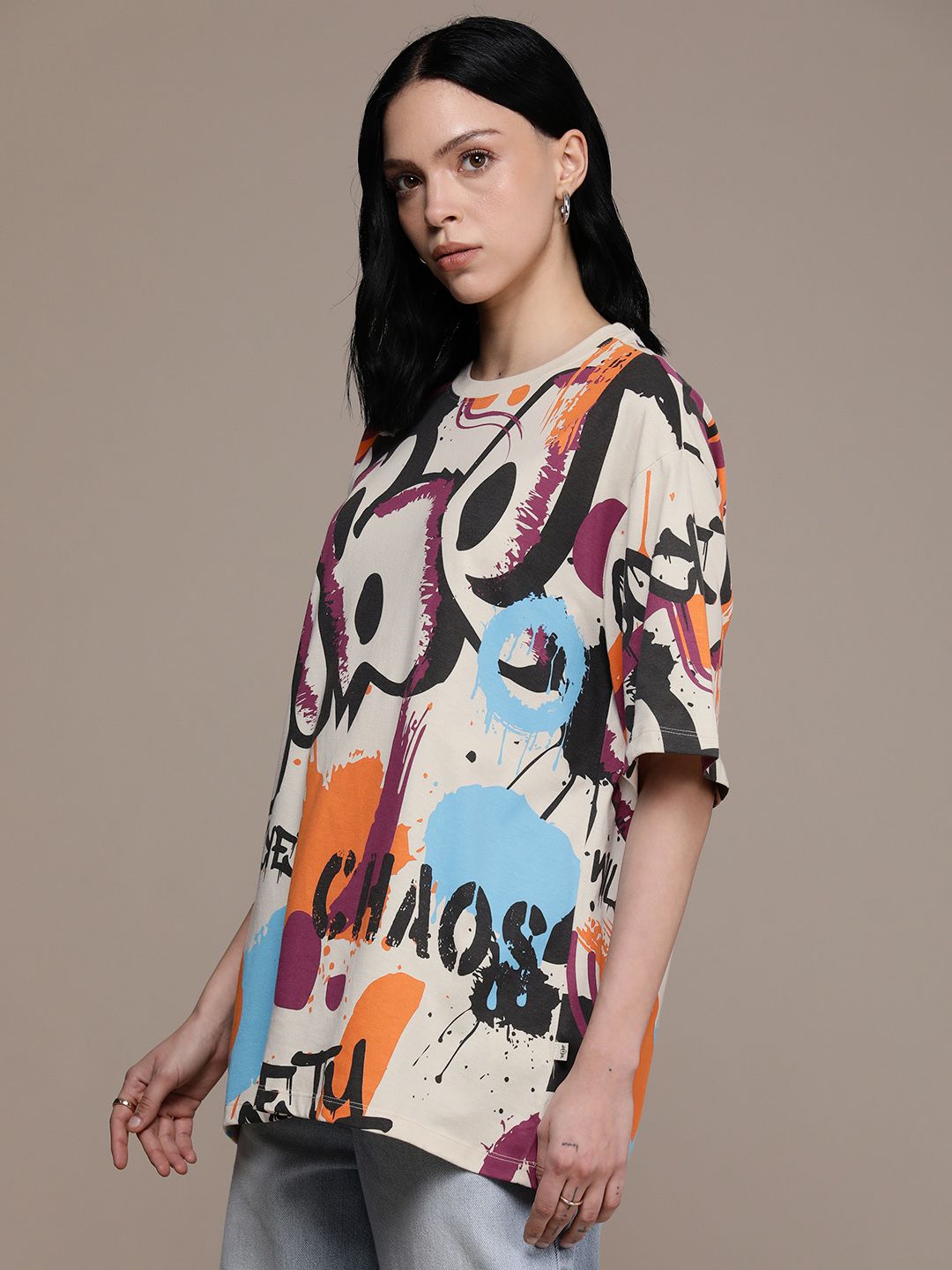 the roadster life co. printed drop shoulder sleeves pure cotton oversized t shirt